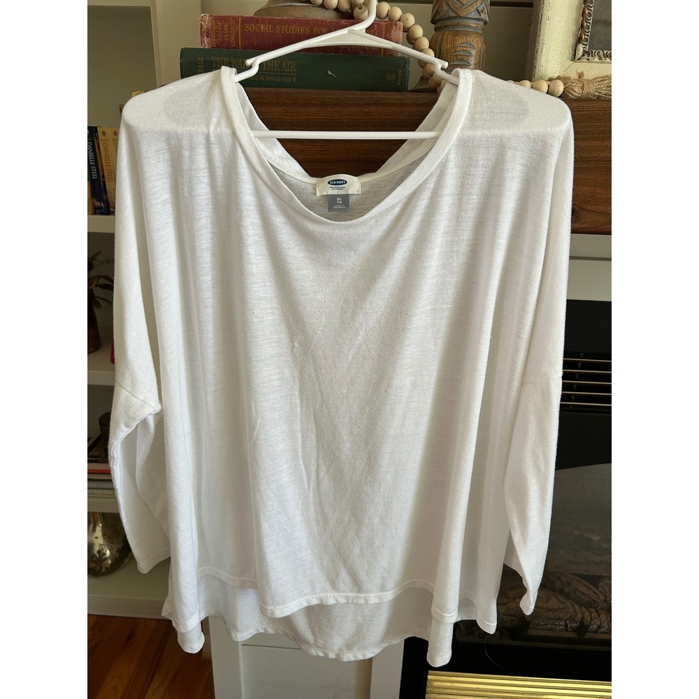 Old Navy Womens XL White Boxy Crew Neck Long Sleeve High Low Slub Knit Top